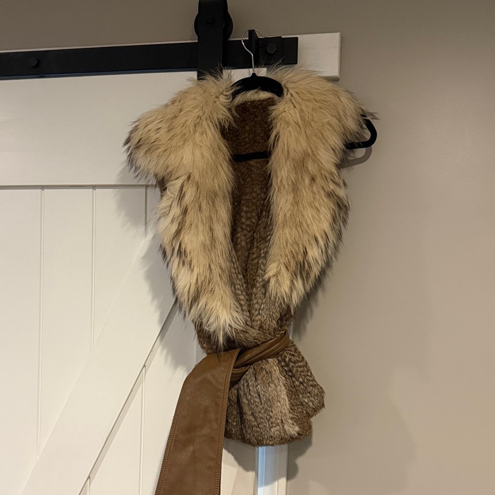Rabbit Fur Trimmed Vest with Belt